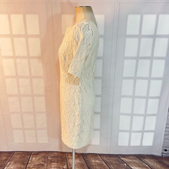 Ann Taylor NWT Ivory Textured Crew Neck Short Sleeve Sheath Dress Size 6 - Picture 6 of 9